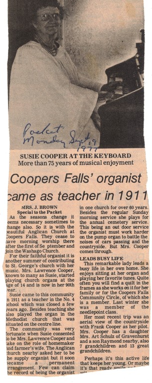 Suzie Cooper organist at Coopers Falls Anglican Church