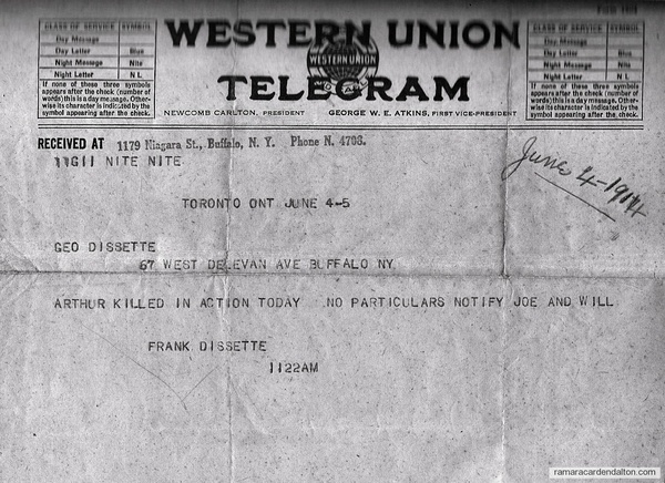 Telegram 1914 for Arthur Dissette