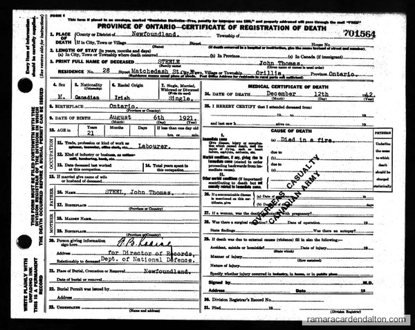 John Thomas Steele's Death Certificate