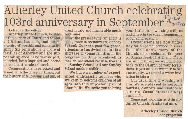 Atherley United Church turns 103 years old, 1998