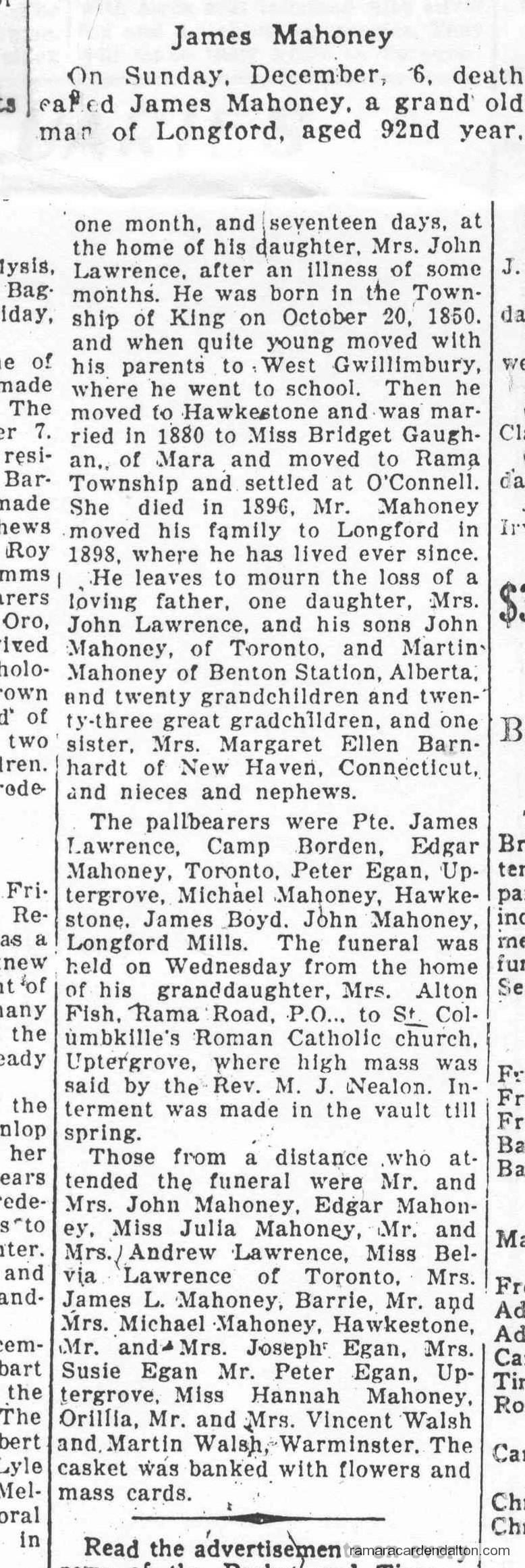James Mahoney Obituary from Orillia Packet & Times November 1942 James Mahoney Obituary from Orillia Packet & Times November 1942