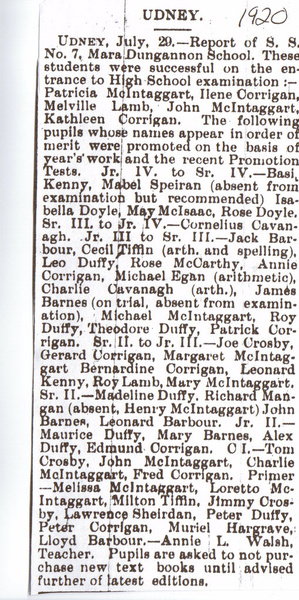 S S #7 Dungannon School, 1920 Report Card
